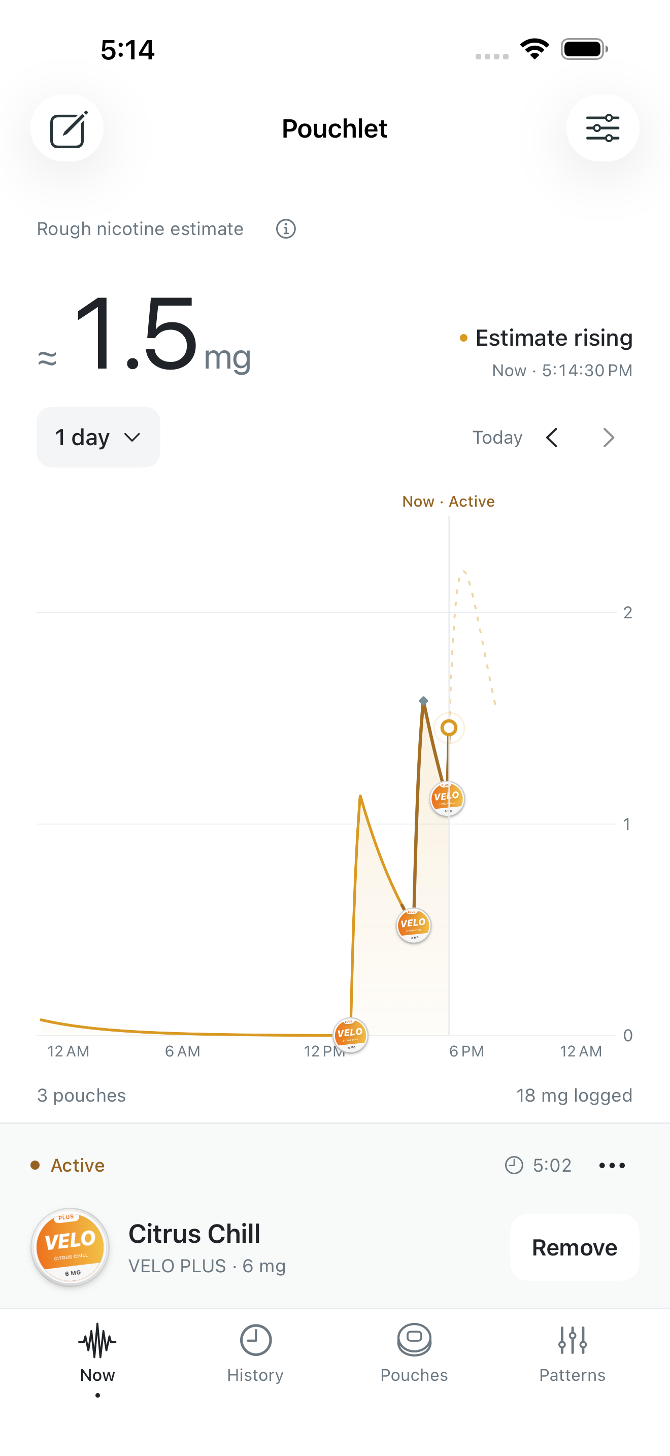 Pouchlet Now screen showing the day’s logged pouches, a rough nicotine estimate and an active Citrus Chill pouch